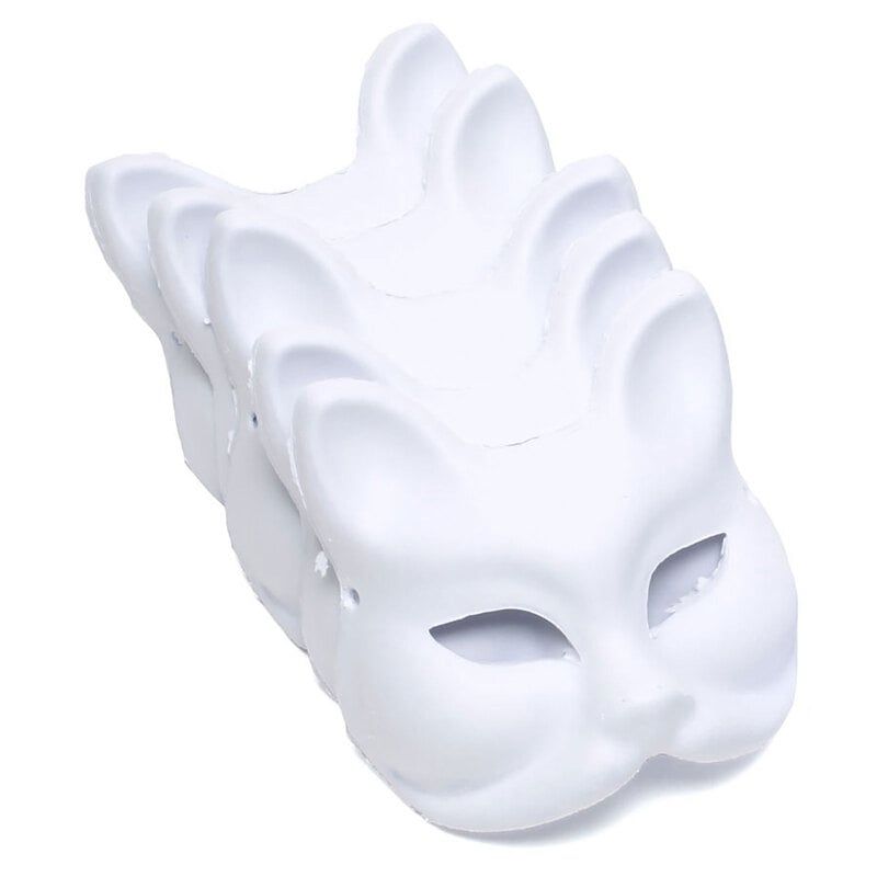 狐面 猫面 お面 狐 猫 マスク コスプレ ペイント 無地 白 おめん 紙パルプ製 半面 5枚セット