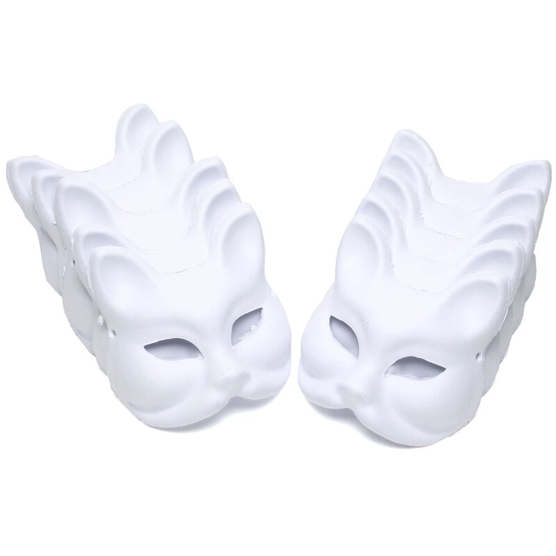 狐面 猫面 お面 狐 猫 マスク コスプレ ペイント 無地 白 おめん 紙パルプ製 半面 10枚セット