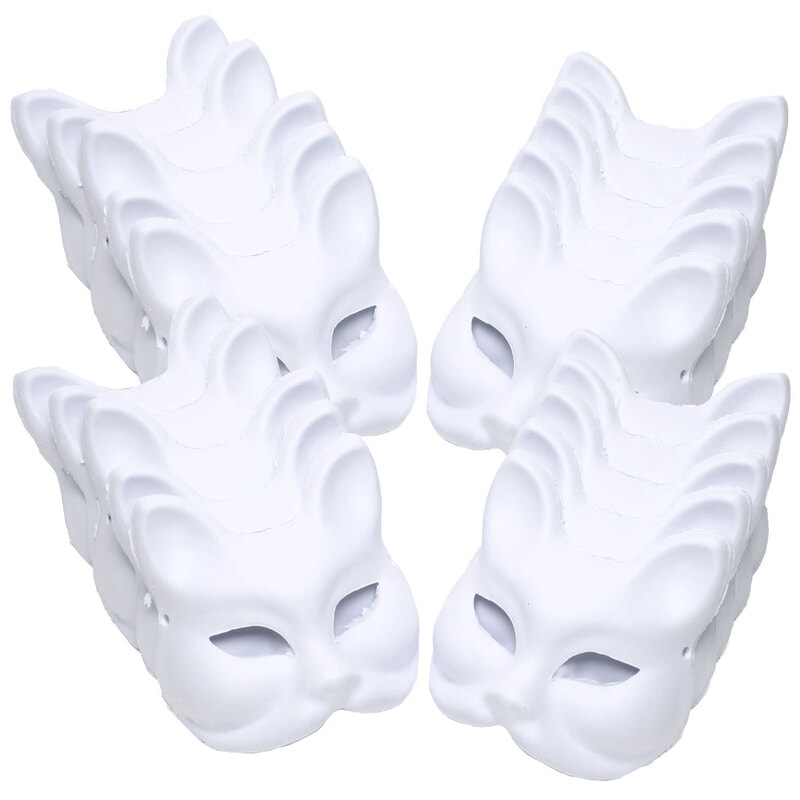 狐面 猫面 お面 狐 猫 マスク コスプレ ペイント 無地 白 おめん 紙パルプ製 半面 20枚セット