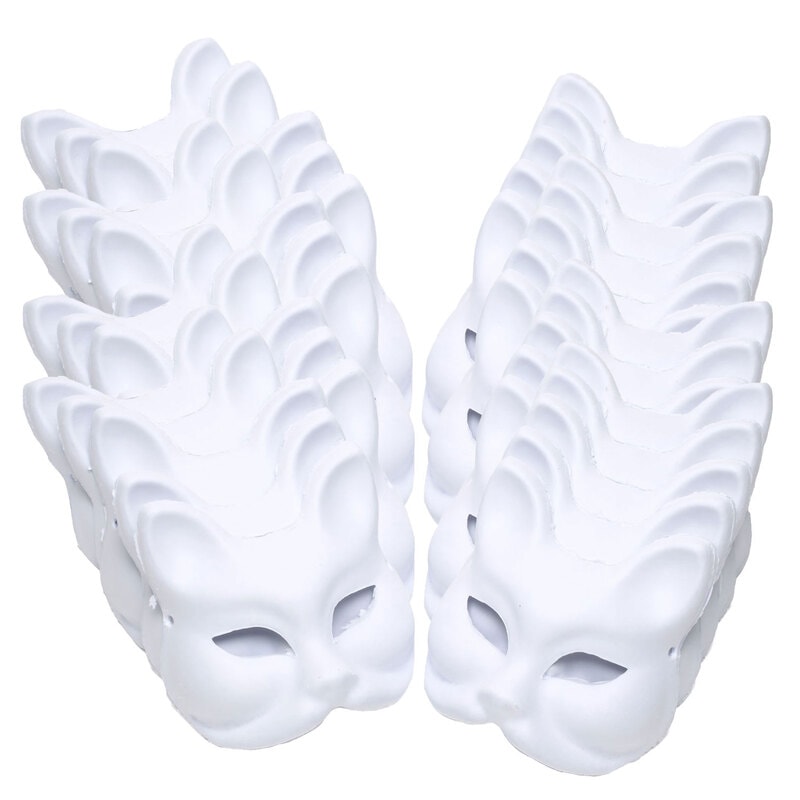 狐面 猫面 お面 狐 猫 マスク コスプレ ペイント 無地 白 おめん 紙パルプ製 半面 40枚セット