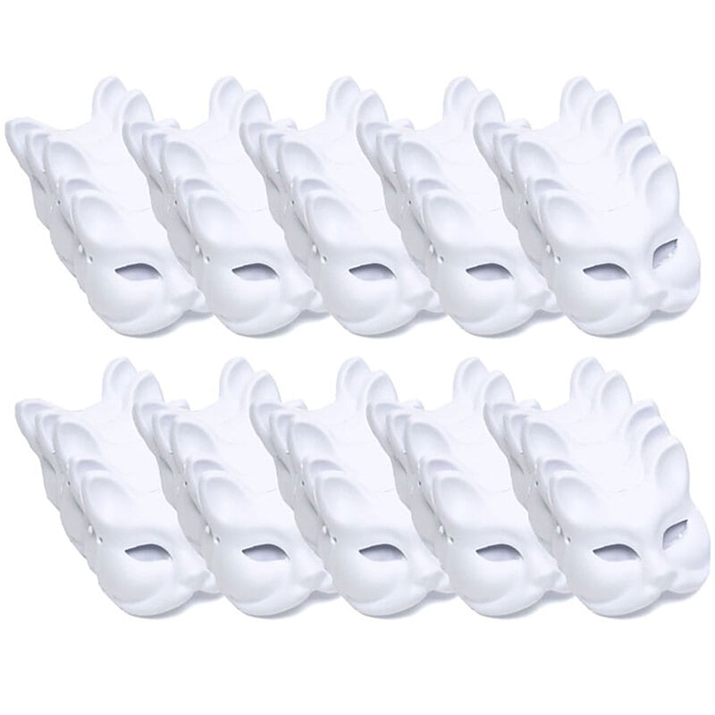 狐面 猫面 お面 狐 猫 マスク コスプレ ペイント 無地 白 おめん 紙パルプ製 半面 50枚セット