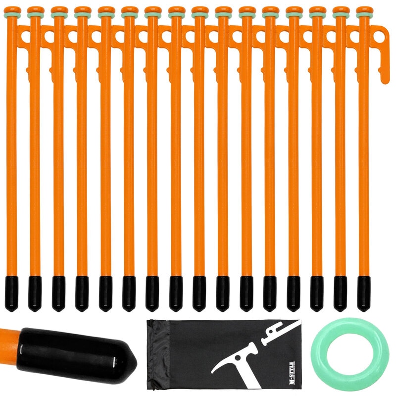 ペグ 25cm 16本セット 強靭 スチールペグ キャンプ テント タープ 設営 レーザー溶接 伸線加工 防錆塗装 安全キャップ 蛍光リング付き