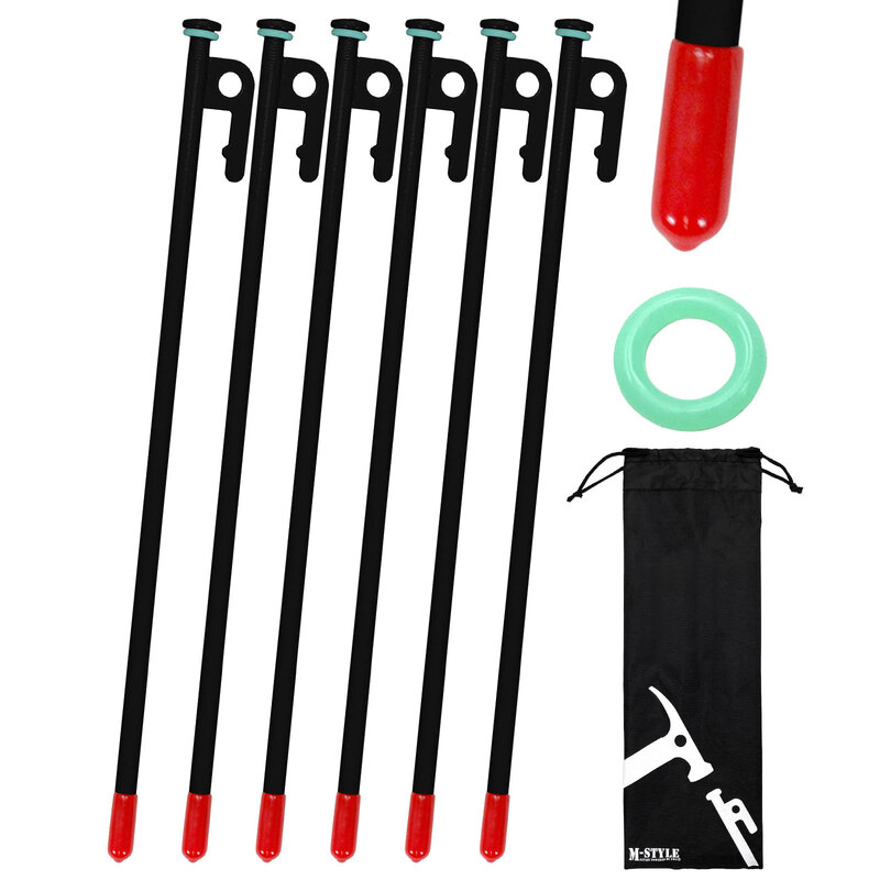 ペグ 35cm 6本セット 強靭 スチールペグ キャンプ テント タープ 設営 砂浜 柔らかい地面用 レーザー溶接 伸線加工 防錆塗装 安全キャップ 蛍光リング 専用袋付き