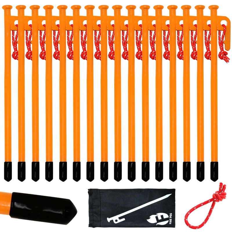 ペグ 25cm 16本セット 強靭 スチールペグ キャンプ テント タープ 設営 レーザー溶接 伸線加工 防錆塗装 安全キャップ 蛍光ロープ付き