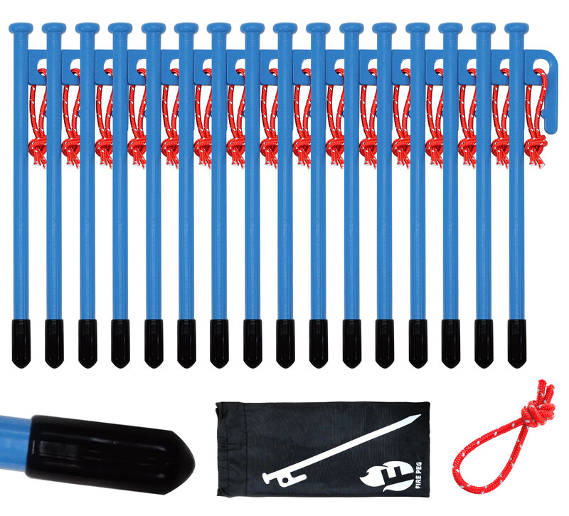 ペグ 20cm 16本セット 強靭 スチールペグ キャンプ テント タープ 設営 レーザー溶接 伸線加工 防錆塗装 安全キャップ 蛍光ロープ付き