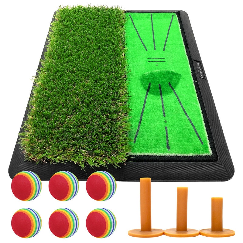 ダフりチェック ゴルフマット ターフ跡が確認できる 2WAY ターフ芝+ラフ芝 ゴルフ 練習 マット 素振り アイアン スイング 跡がつく ショットマット 練習用 ゴムマット 34×44cm ゴルフティー ゴルフボール Eセット