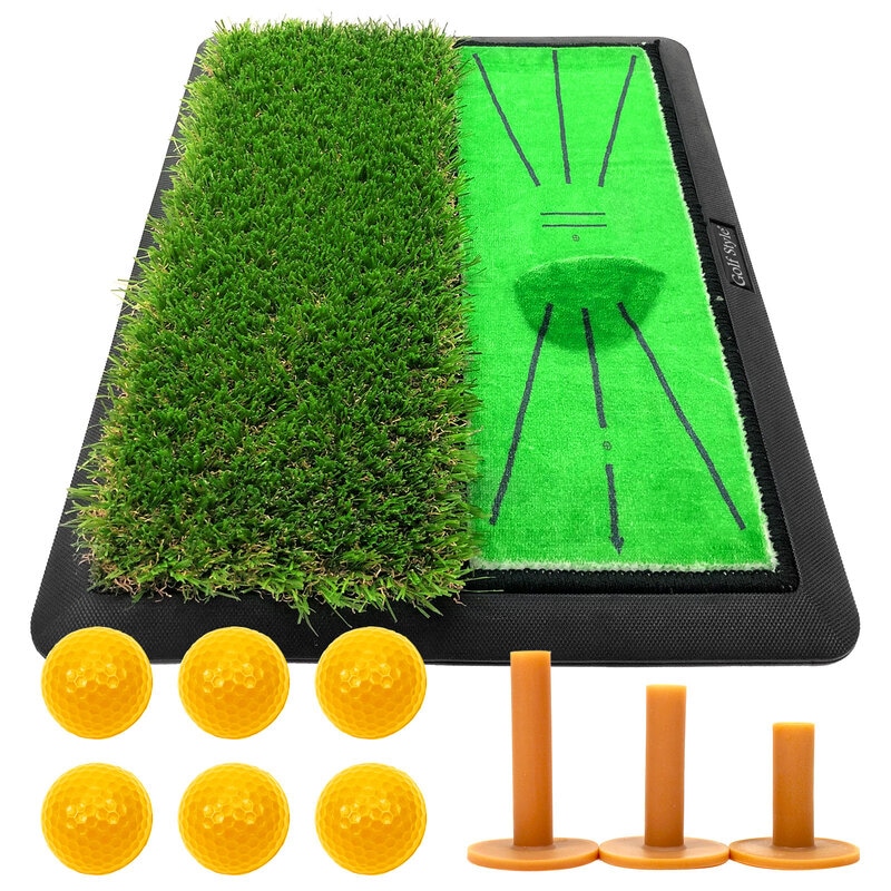 ダフりチェック ゴルフマット ターフ跡が確認できる 2WAY ターフ芝+ラフ芝 ゴルフ 練習 マット 素振り アイアン スイング 跡がつく ショットマット 練習用 ゴムマット 34×44cm ゴルフティー ゴルフボール Pセット