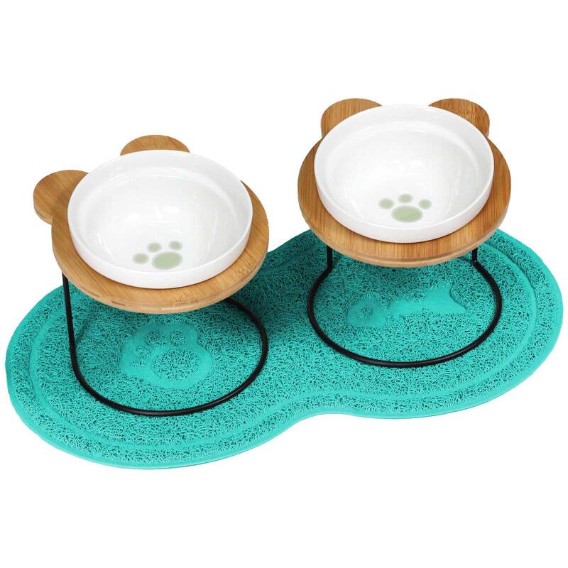 えさ皿 2個 ランチョンマット ∞型 セット 猫 犬 食器 えさ 皿 餌入れ フードボウル ペット ご飯皿 水飲み マット 食べやすい 傾斜 餌皿 エサ入れ 滑り止め 陶器 アイアンバンブースタンドシングル