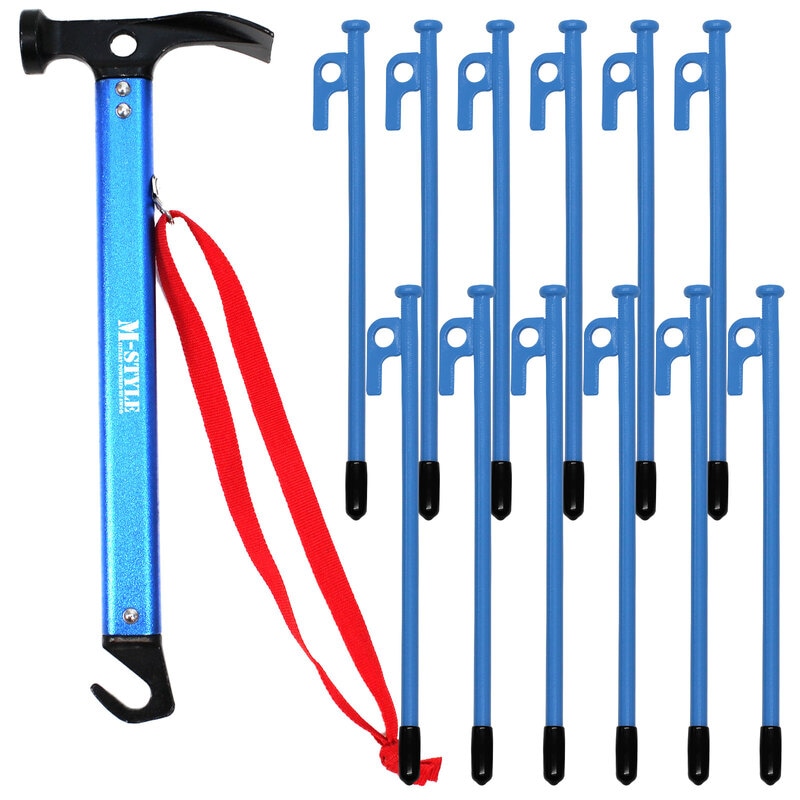ペグ 25cm 12本 ペグハンマー 軽量 セット 《選べるペグカラーとハンマーカラー》 強靭 キャンプ テント タープ 設営 アウトドア スチール ヘッド スチール ハンマー