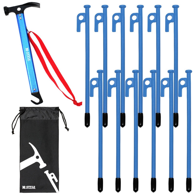 ペグ 25cm 12本 ペグハンマー 軽量 収納袋 セット 《選べるペグカラーとハンマーカラー》 強靭 キャンプ テント タープ 設営 アウトドア スチール ヘッド スチール ハンマー