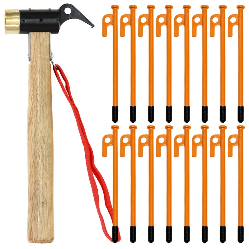 ペグ 20cm 16本 ペグハンマー 真鍮ヘッド セット 《選べるペグカラー6色》 強靭 キャンプ テント タープ 設営 アウトドア  真鍮 ハンマー