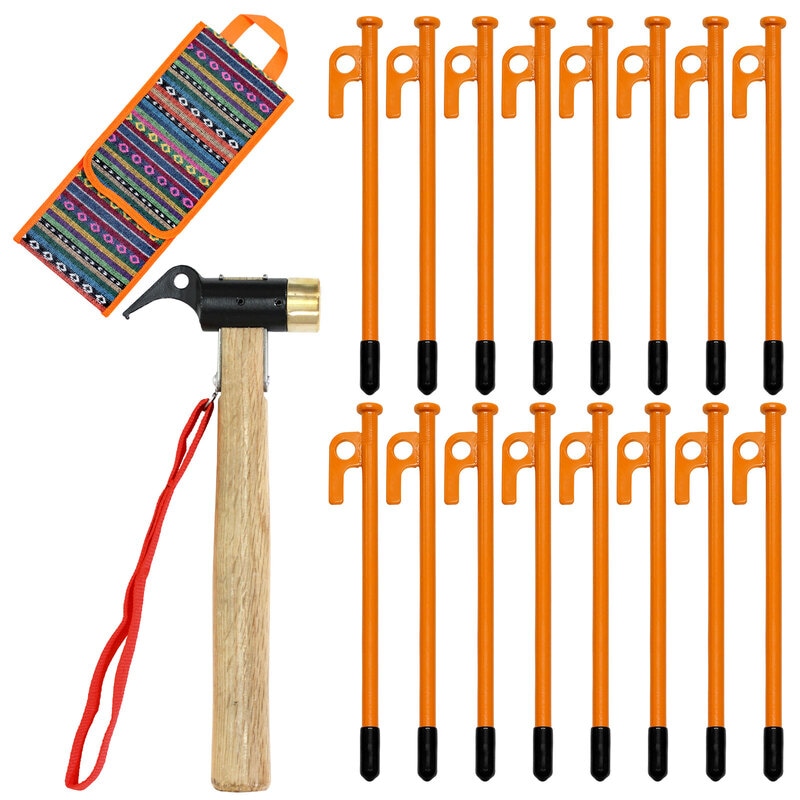ペグ 20cm 16本 ペグハンマー 真鍮ヘッド 袋 セット 《選べるペグカラー6色》 強靭 キャンプ テント タープ 設営 アウトドア  真鍮 ハンマー ペグハンマー収納袋