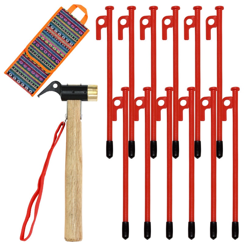 ペグ 25cm 12本 ペグハンマー 真鍮ヘッド 袋 セット 《選べるペグカラー6色》 強靭 キャンプ テント タープ 設営 アウトドア  真鍮 ハンマー ペグハンマー収納袋
