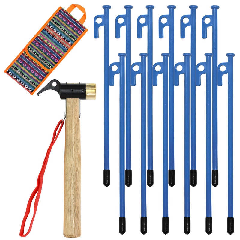 ペグ 30cm 12本 ペグハンマー 真鍮ヘッド 袋 セット 《選べるペグカラー6色》 強靭 キャンプ テント タープ 設営 アウトドア  真鍮 ハンマー ペグハンマー収納袋