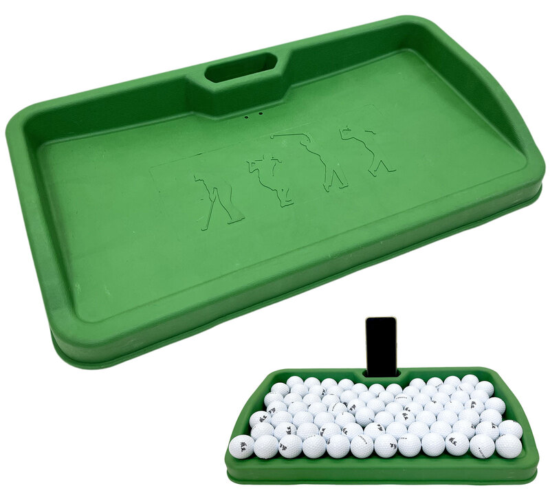ゴルフボール トレイ 100球 大容量 かご 収納箱 ゴルフ練習器具 スマホホルダー 携帯 スタンド スイングチェック パッティング ゴルフ 排水穴 屋外 屋内 ゴルフボール入れ TPE素材