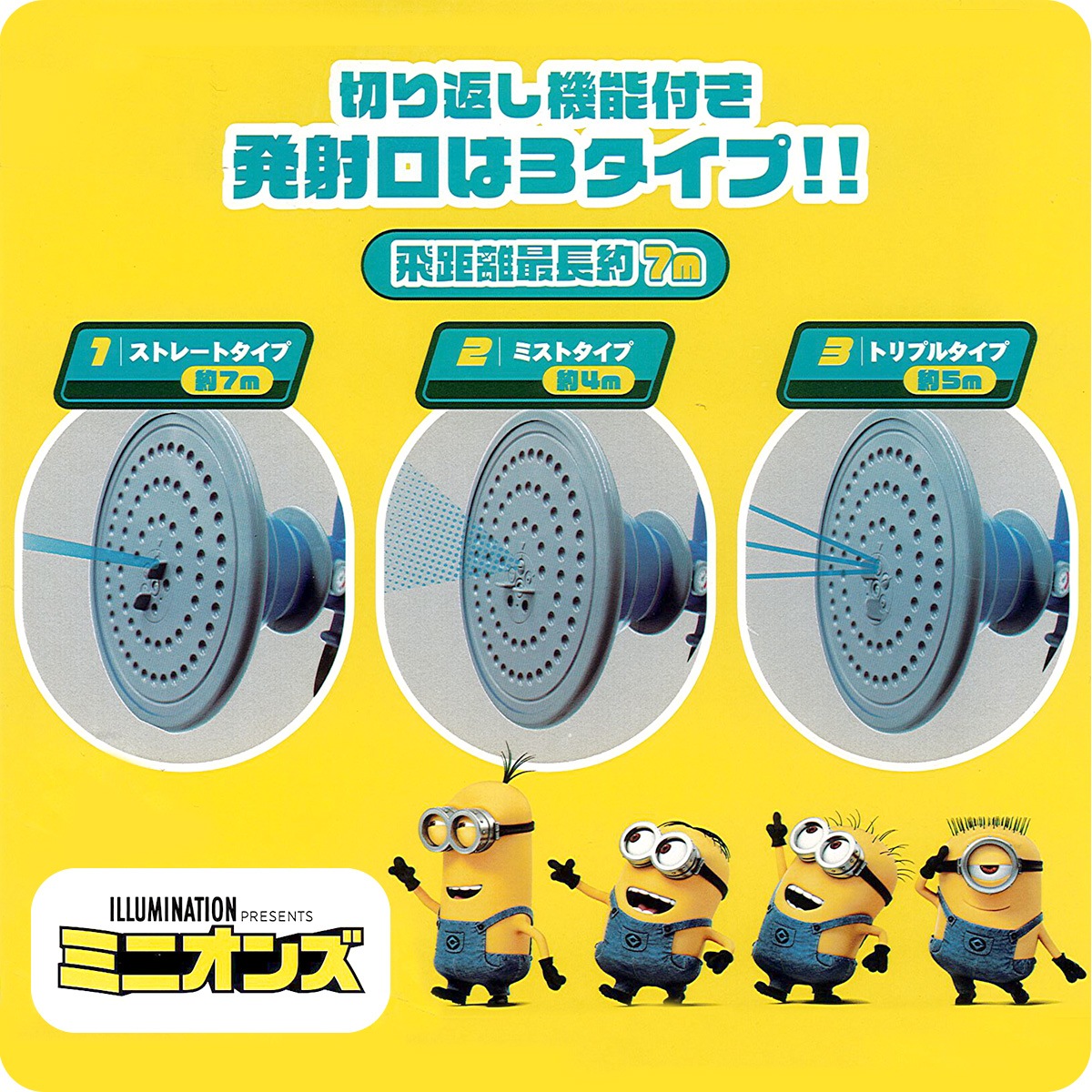 ミニオン 水鉄砲 夏 子供 玩具 長距離 飛距離 3タイプ 切り替え式 夏