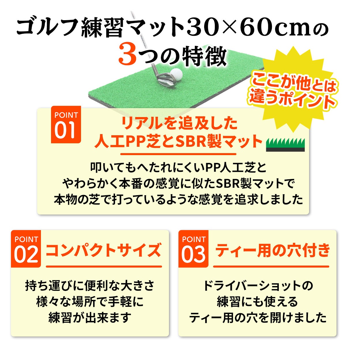 ゴルフマット ゴルフ 練習 マット 素振り スイング ドライバー アイアン パター 練習器具 室内 屋外 人工芝 SBR 30×60cm ゴルフティー ゴルフボール Eセット