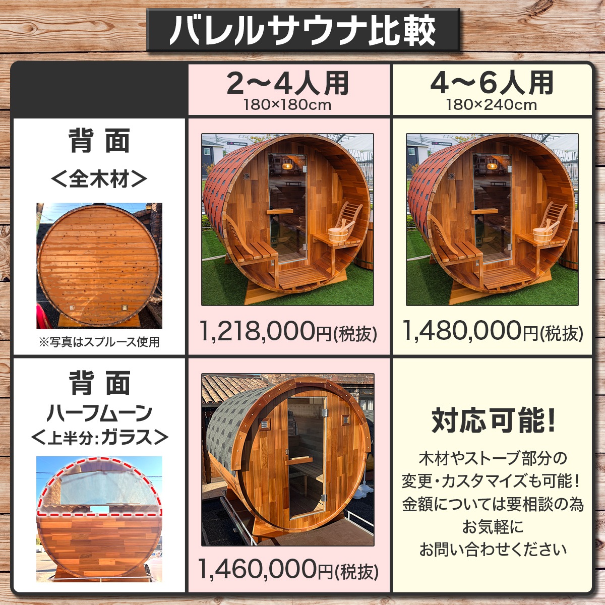 バレルサウナ本体 レッドシダー 2～4人用 180×180cm ハーフムーンタイプ