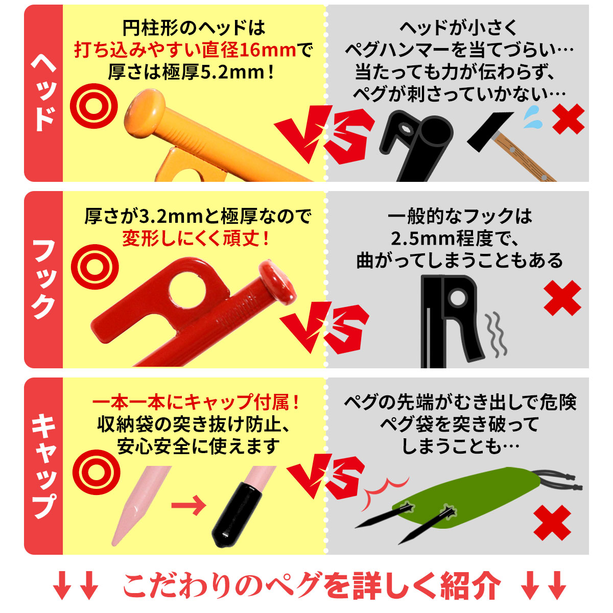 ペグ 25cm 12本 ペグハンマー 真鍮ヘッド 袋 セット 《選べる