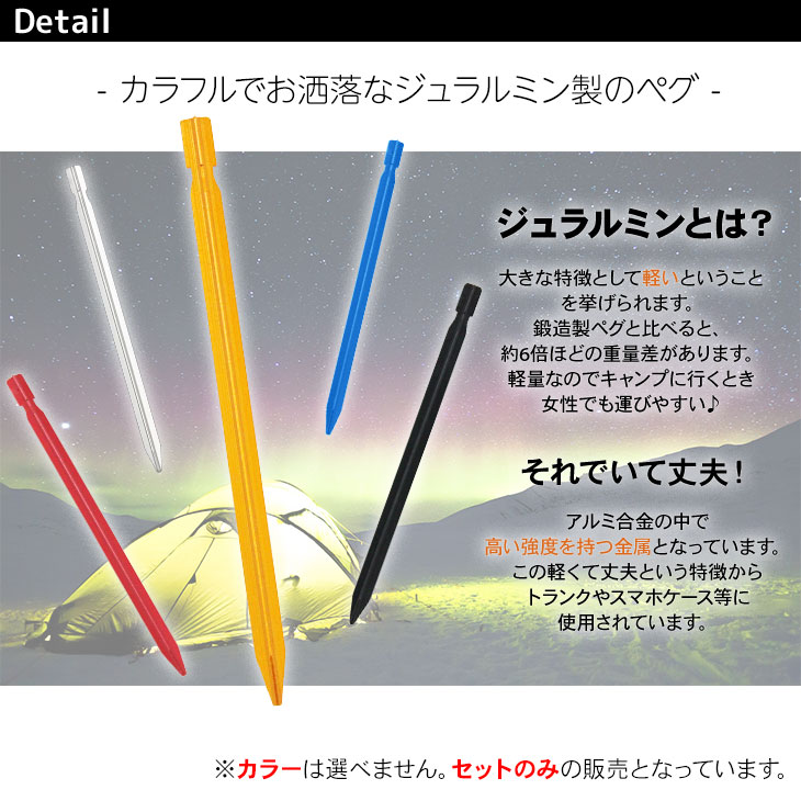 ジュラルミン ペグ テント タープ 固定具 BBQ キャンプ設営用具 20本セット 収納袋付き 23cmサイズ