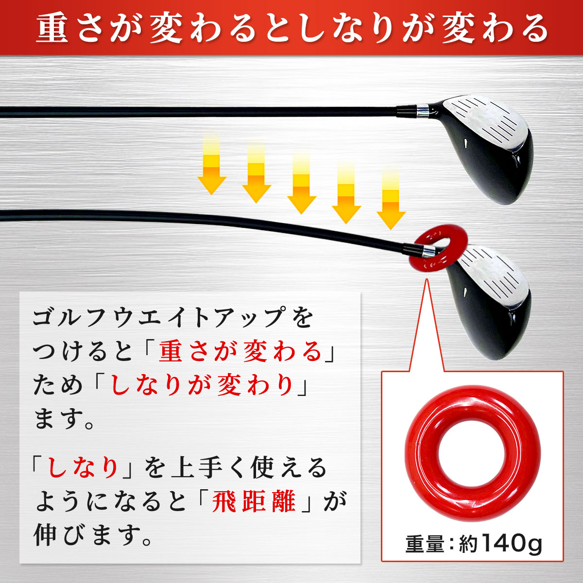 ゴルフ練習器具 スイングトレーナー ウエイトアップ セット 重り 140g ウエイトリング ゴルフ トレーニング器具 スイング練習 室内 屋外 素振り 矯正 飛距離 グリップ 81cmサイズ