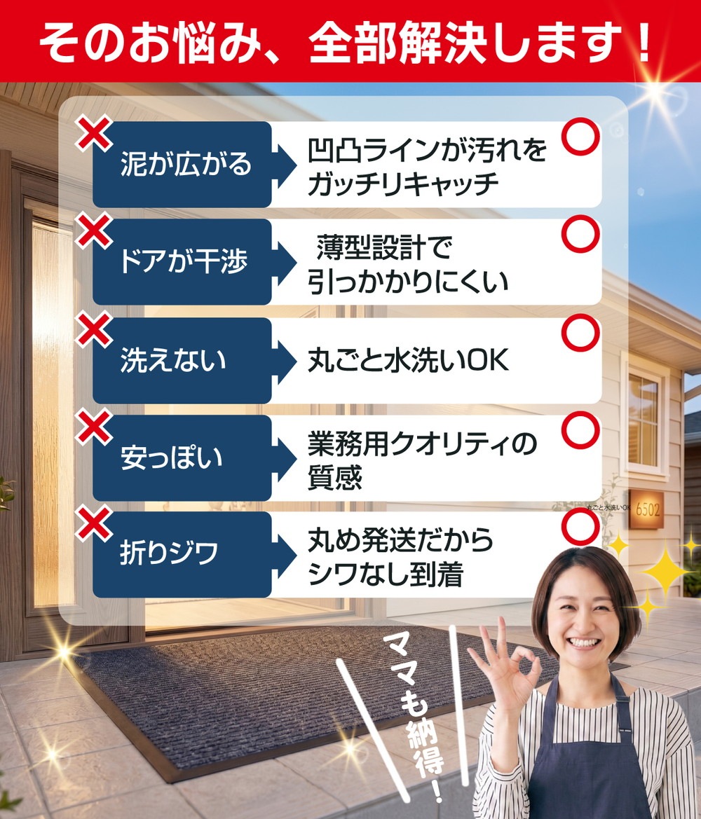 玄関マット 60×90cm 泥落としマット 業務用 家庭用 薄型 滑り止め 水洗いOK ドアに干渉しにくい おしゃれ 屋外 屋内 エントランスマット
