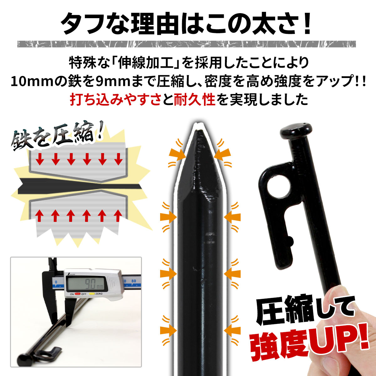 ペグ 30cm 強靭 スチールペグ キャンプ テント タープ 設営 レーザー溶接 伸線加工 防錆塗装 安全キャップ付き 12本セット