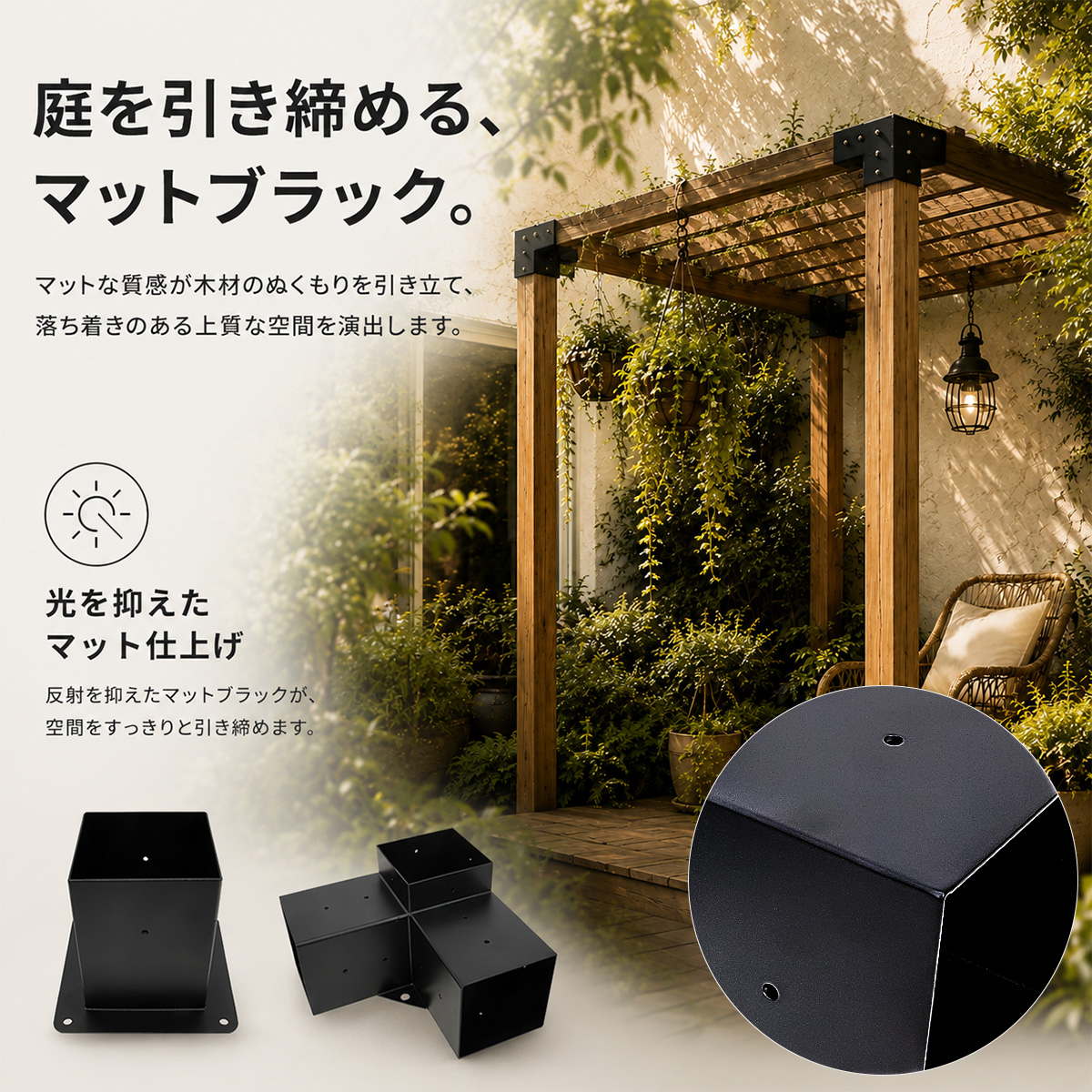パーゴラ 組立キット 90mm角木材対応 基本セット 木材接続金具のみ 木材コネクター ジョイント 支柱固定金具 DIY ポストベース L字ブラケット サンシェード取付穴付き マットブラック