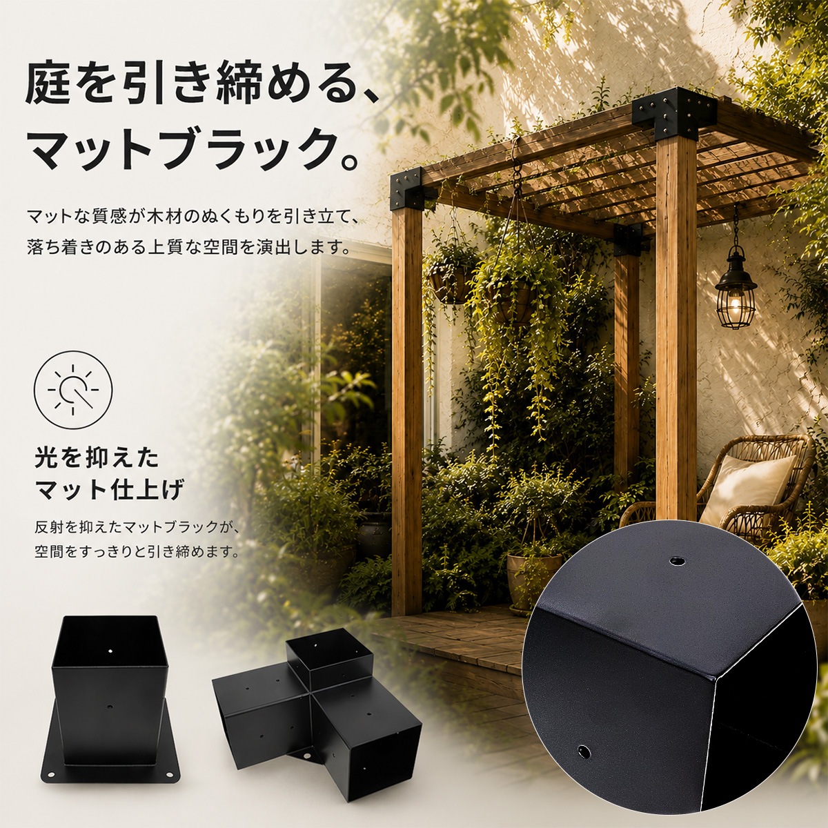 パーゴラ 組立キット 105mm角木材対応 基本セット 木材接続金具のみ 木材コネクター ジョイント 支柱固定金具 DIY ポストベース L字ブラケット サンシェード取付穴付き マットブラック