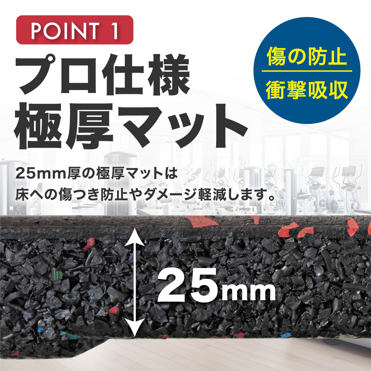 ゴムマット ジムマット 25mm 衝撃吸収 防音 防振 ホームジム 筋トレ マット ダンベルマット トレーニングマット ジム フロアマット 床 ラバーマット ゴムチップ gym mat 50角 4枚セット