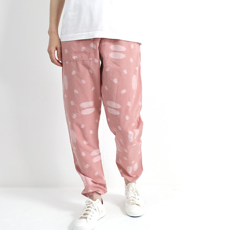 ぴーちゃん★うなぎの寝床もんぺ　MONPE ゆる絣柄シリーズ　赤ストライプ うなぎの寝床｜MONPE ゆる絣柄シリーズ 福岡 明太子&ご飯 | 趣佳[syuca