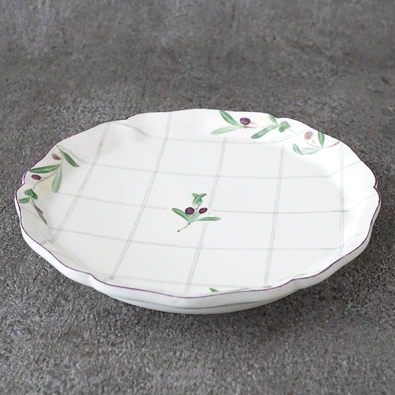 阿部慎太朗｜花形細リム皿5寸 オリーブ/チェック | 趣佳[syuca.jp