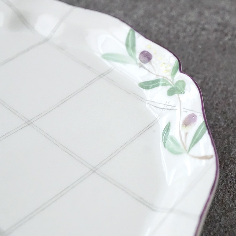 阿部慎太朗｜花形細リム皿5寸 オリーブ/チェック | 趣佳[syuca.jp