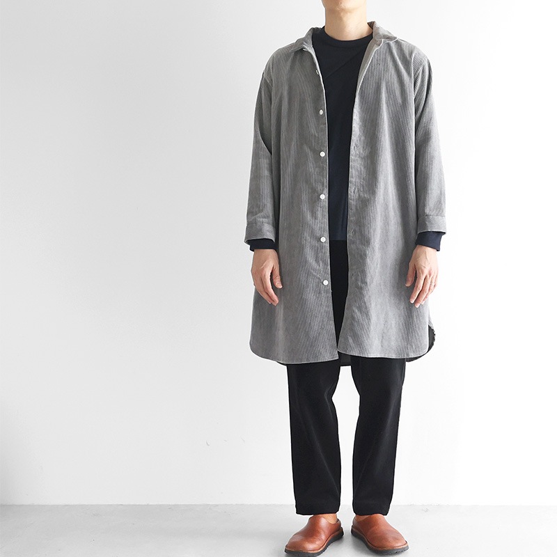 HUIS｜綿麻コーデュロイロングシャツ 細畝 ライトグレー【ユニセックス