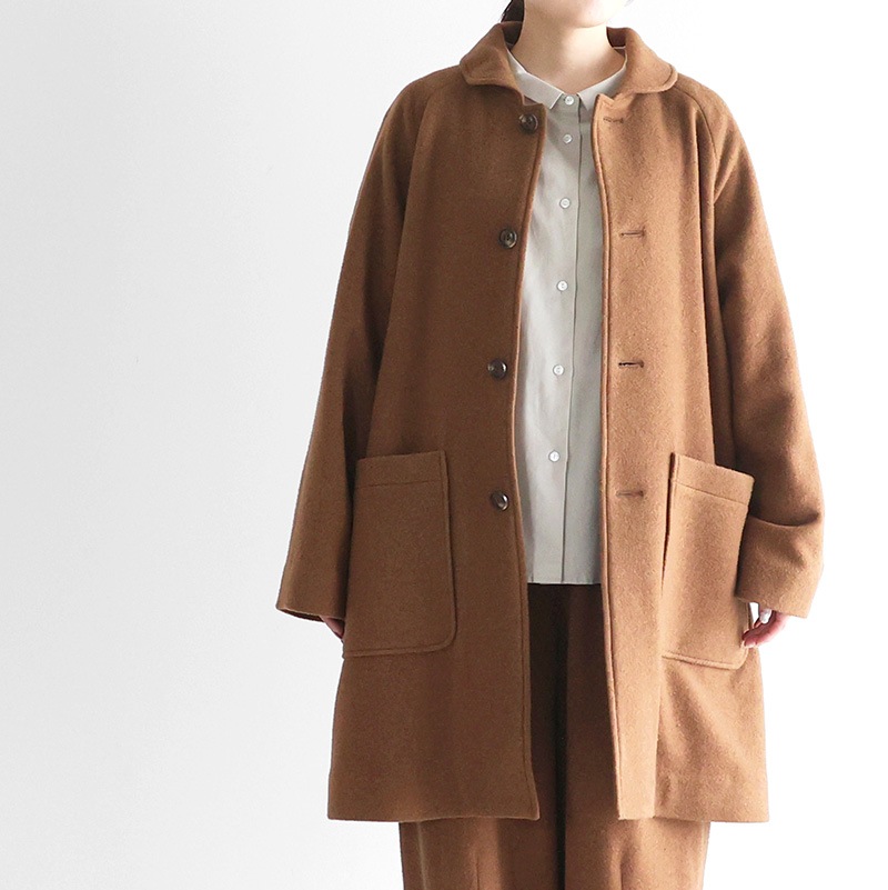 ウールフェルトコート/縮絨ウールコート(ブラウン) HUIS｜×尾州 縮絨ウールフランネルミドルコート ブラウン【ユニ