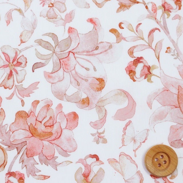 【サンドウオリジナルカラー】リバティプリント タナローン（Butterfly Vine バタフライ・ヴァイン）サンセットピンク【363J6437・Z】