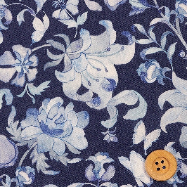 【セール対象商品】リバティプリント タナローン（Butterfly Vine バタフライ・ヴァイン）ネイビー地【363J6437・C】