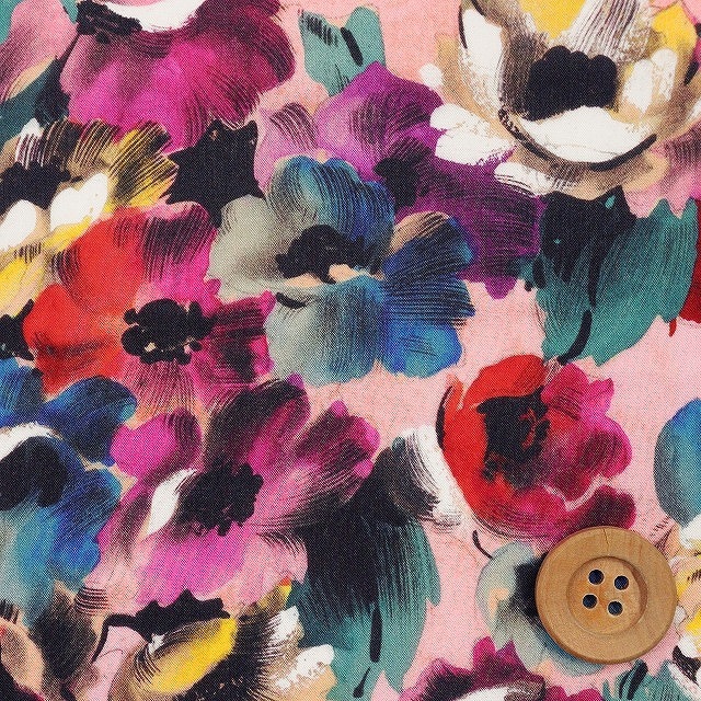 リバティプリント タナローン（POPPY CANVAS ポピー・キャンバス）ピンク＆レッド【3636412・A】