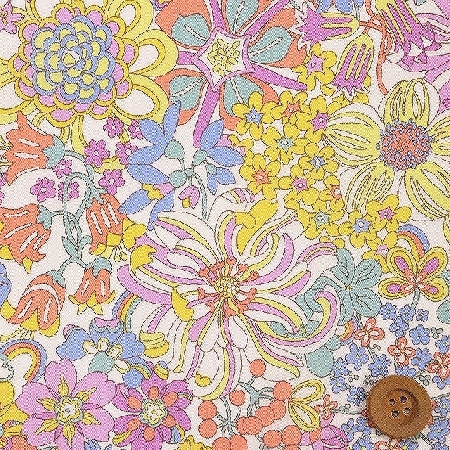 【セール対象商品】リバティプリント タナローン(Rainbow Garden レインボウ・ガーデン)イエロー&パープル【24-3634107・24CU】