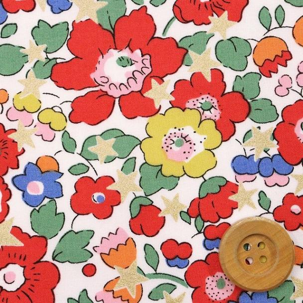 リバティプリント タナローン（Betsy Star ベッツィ・スター）レッド＆ホワイト地/パール【36368406・BT】