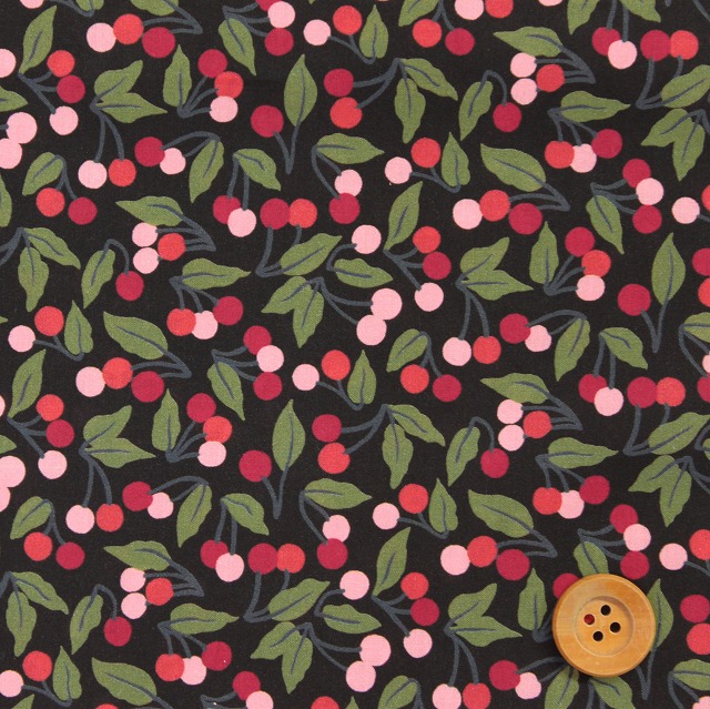 リバティプリント タナローン（Cherry Drop チェリー・ドロップ）ブラック＆ピンク【20-36302124・P20A】