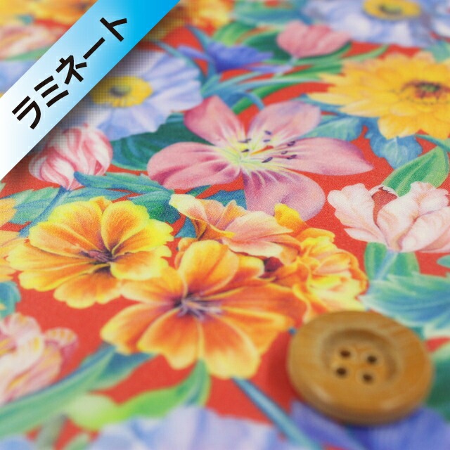 リバティ・ファブリックス タナローン【ラミネート加工】（Meadow Melody Small メドウ・メロディ・スモール）レッド地【18-3638112・18BT】