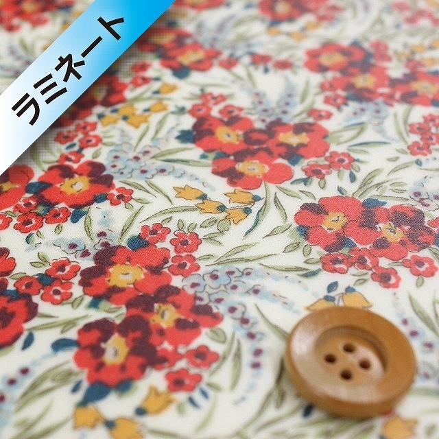 リバティプリント タナローン【ラミネート加工】689(Swirling Petals スワイリング・ペタルス)レッド【18-3638150】