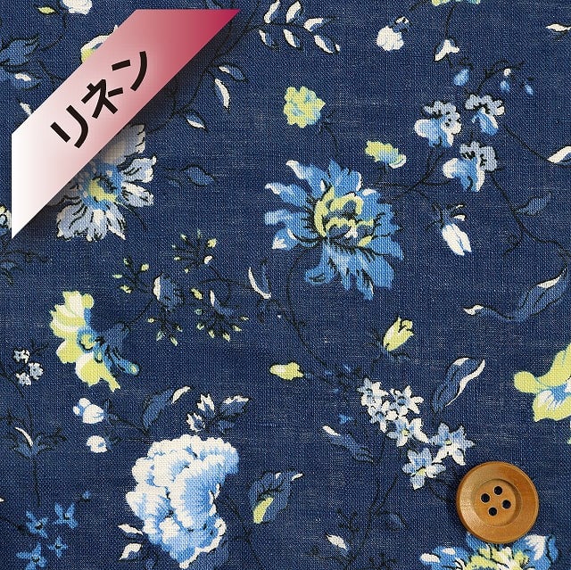リバティプリント【フランダースリネン】（Claudette クローデット／ネイビー地）1m
