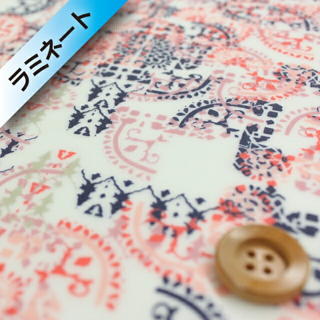 リバティ・ファブリックス タナローン【ラミネート加工】(Mosaic Lace モザイク・レース)ピンク＆オレンジ【3636276・16C】