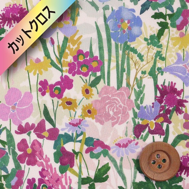 リバティプリント タナローン（WILDFLOWER MEADOW ワイルドフラワー・メドゥ）グリーン＆ピンク【3636422・A】カットクロス
