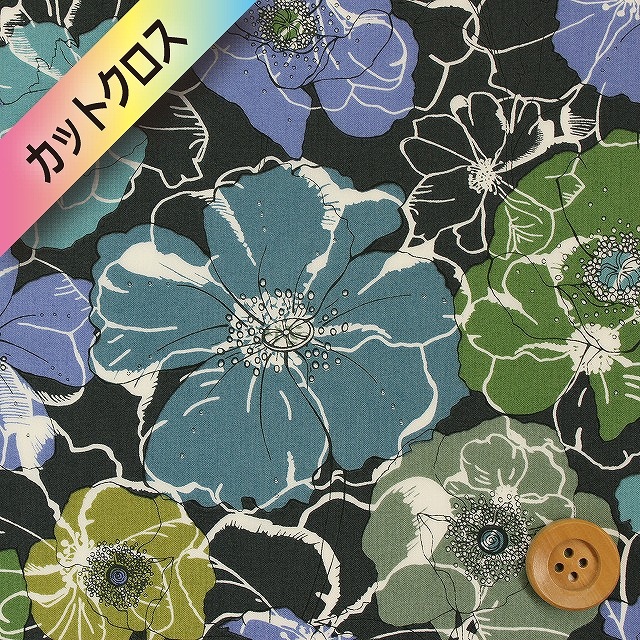 リバティプリント タナローン339(Poppy Rose ポピー・ローズ）【3634290・B】カットクロス（ブルー＆グリーン）