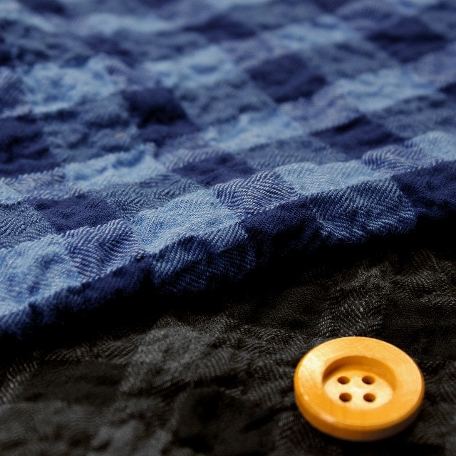 【NANA】★SALE★シャーリング先染め チェック生地（3）【ヘリンボーン全2色】 ブルー【7676・1】