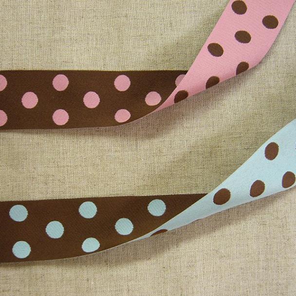 ★SALE★アメリカ　ジャガードリボン（水玉）【巾38mm】ストロベリーピンク&チョコブラウン【50cm以上10cm単位】