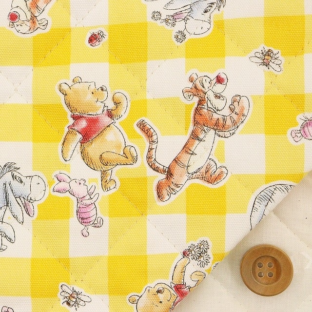 Disney 2022 BTS くまのプーさんギンガムチェック／イエロー【半針キルティング生地】【GRQ-1102・1A23】